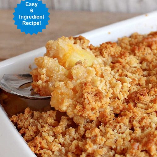 Pineapple Casserole | Can't Stay Out of the Kitchen | this spectacular deep-south #casserole is so mouthwatering it will rock your world! The combination of flavors with #pineapple #CheddarCheese & #RitzCrackers is absolutely irresistible. This is a great #casserole #SideDish for #holidays & company dinners like #Thanksgiving, #Christmas, #MothersDay, #FathersDay & special occasion dinners. Everyone loves this side dish & wants seconds! #Southern #6IngredientRecipe #BestPineappleCasserole #BestHolidaySideDish