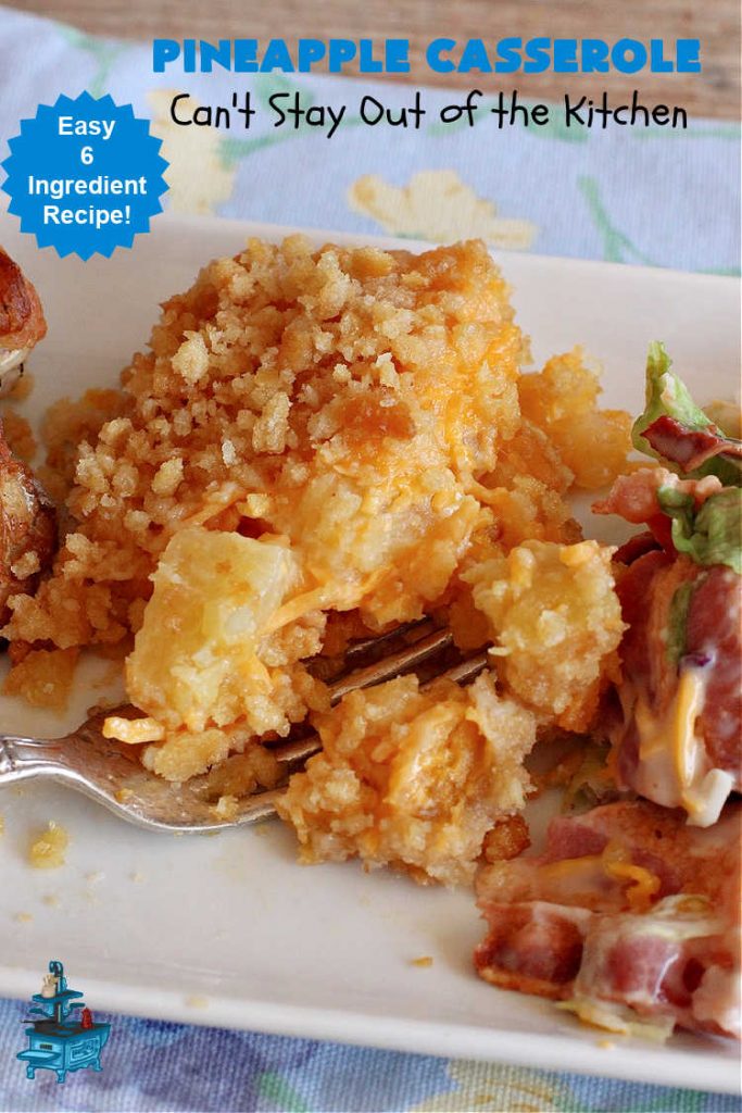 Pineapple Casserole | Can't Stay Out of the Kitchen | this spectacular deep-south #casserole is so mouthwatering it will rock your world! The combination of flavors with #pineapple #CheddarCheese & #RitzCrackers is absolutely irresistible. This is a great #casserole #SideDish for #holidays & company dinners like #Thanksgiving, #Christmas, #MothersDay, #FathersDay & special occasion dinners. Everyone loves this side dish & wants seconds! #Southern #6IngredientRecipe #BestPineappleCasserole #BestHolidaySideDish