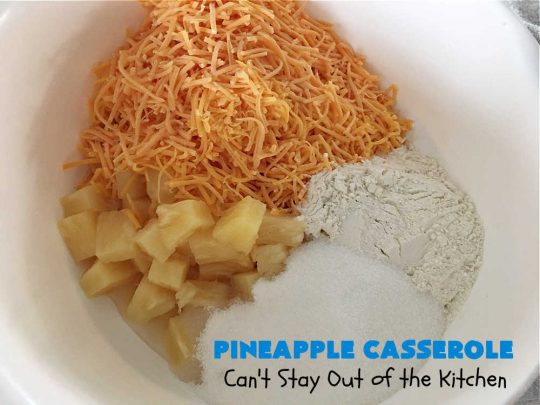 Pineapple Casserole | Can't Stay Out of the Kitchen | this spectacular deep-south #casserole is so mouthwatering it will rock your world! The combination of flavors with #pineapple #CheddarCheese & #RitzCrackers is absolutely irresistible. This is a great #casserole #SideDish for #holidays & company dinners like #Thanksgiving, #Christmas, #MothersDay, #FathersDay & special occasion dinners. Everyone loves this side dish & wants seconds! #Southern #6IngredientRecipe #BestPineappleCasserole #BestHolidaySideDish