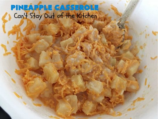 Pineapple Casserole | Can't Stay Out of the Kitchen | this spectacular deep-south #casserole is so mouthwatering it will rock your world! The combination of flavors with #pineapple #CheddarCheese & #RitzCrackers is absolutely irresistible. This is a great #casserole #SideDish for #holidays & company dinners like #Thanksgiving, #Christmas, #MothersDay, #FathersDay & special occasion dinners. Everyone loves this side dish & wants seconds! #Southern #6IngredientRecipe #BestPineappleCasserole #BestHolidaySideDish