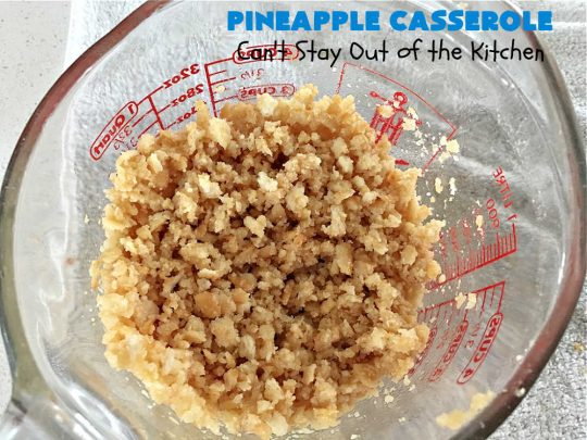 Pineapple Casserole | Can't Stay Out of the Kitchen | this spectacular deep-south #casserole is so mouthwatering it will rock your world! The combination of flavors with #pineapple #CheddarCheese & #RitzCrackers is absolutely irresistible. This is a great #casserole #SideDish for #holidays & company dinners like #Thanksgiving, #Christmas, #MothersDay, #FathersDay & special occasion dinners. Everyone loves this side dish & wants seconds! #Southern #6IngredientRecipe #BestPineappleCasserole #BestHolidaySideDish