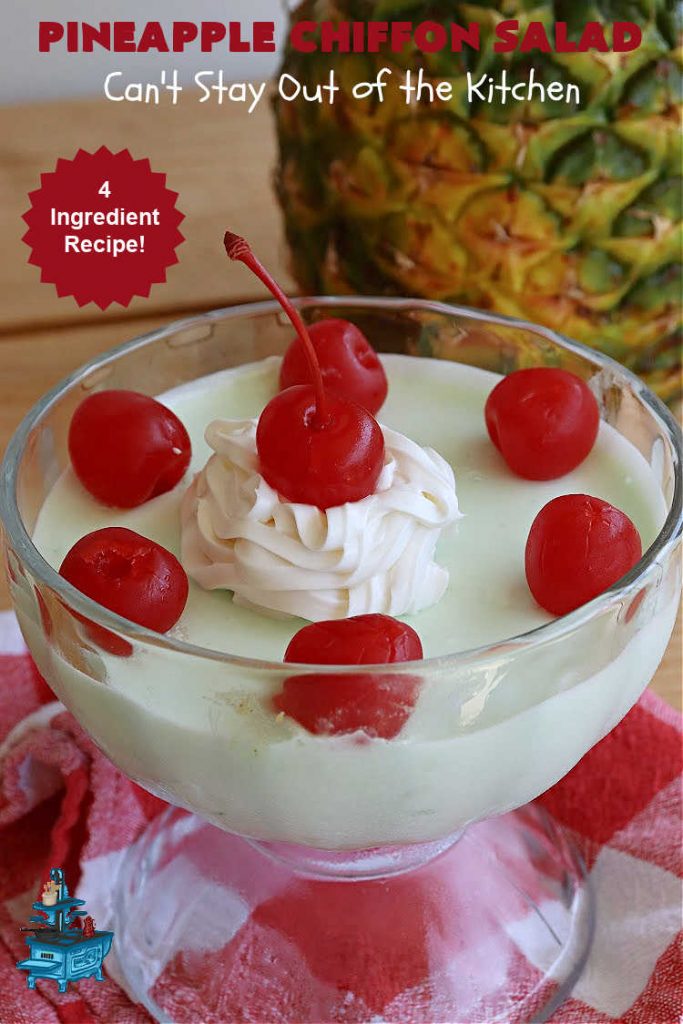 Pineapple Chiffon Salad | Can't Stay Out of the Kitchen | Enjoy a serving of this delicious vintage #recipe for #PineappleChiffonSalad. This #CongealedSalad uses ONLY 4 ingredients! It's so easy to whip up & perfect for summer #holidays, special occasions or any time you want #pineapple in your #salad. #Jello #CreamCheese #StPatricksDay