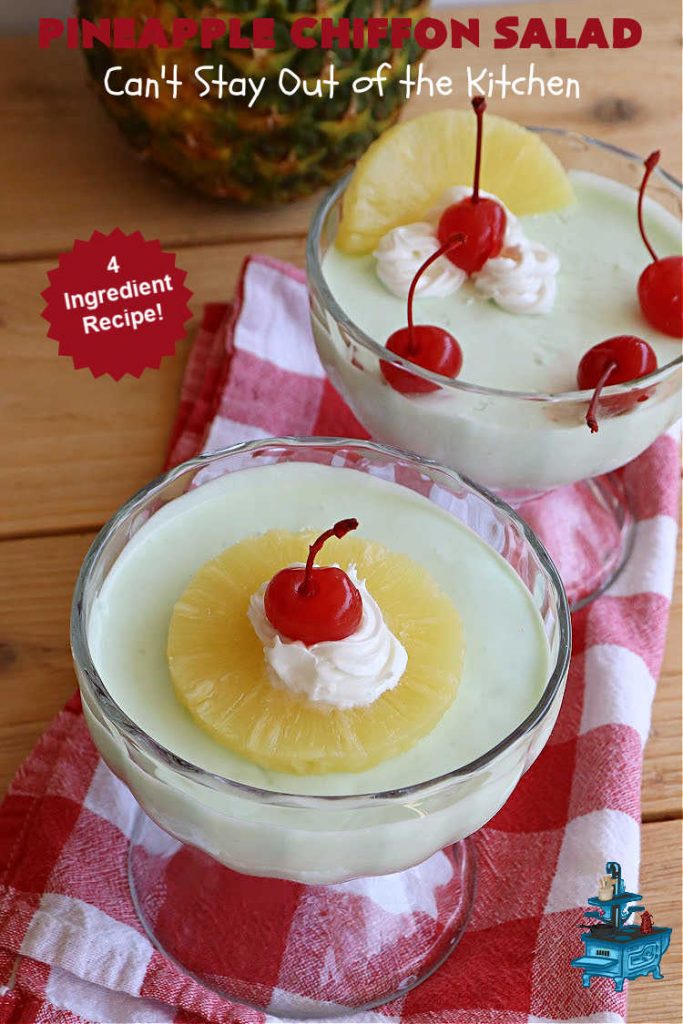 Pineapple Chiffon Salad | Can't Stay Out of the Kitchen | Enjoy a serving of this delicious vintage #recipe for #PineappleChiffonSalad. This #CongealedSalad uses ONLY 4 ingredients! It's so easy to whip up & perfect for summer #holidays, special occasions or any time you want #pineapple in your #salad. #Jello #CreamCheese #StPatricksDay