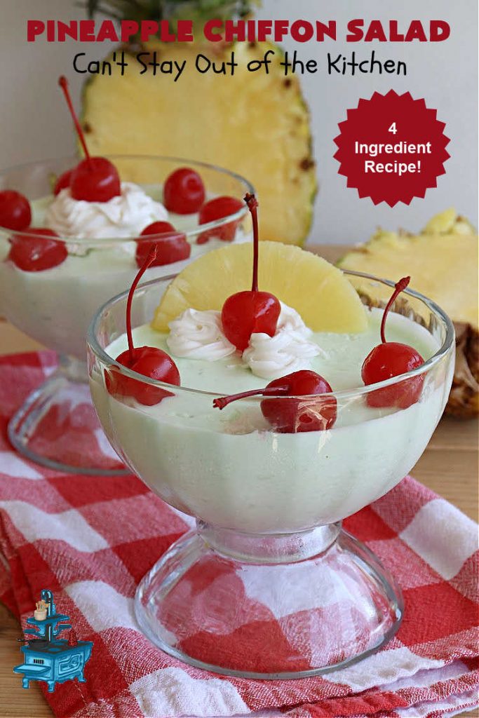Pineapple Chiffon Salad | Can't Stay Out of the Kitchen | Enjoy a serving of this delicious vintage #recipe for #PineappleChiffonSalad. This #CongealedSalad uses ONLY 4 ingredients! It's so easy to whip up & perfect for summer #holidays, special occasions or any time you want #pineapple in your #salad. #Jello #CreamCheese #StPatricksDay