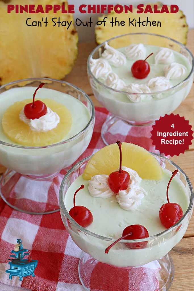 Pineapple Chiffon Salad | Can't Stay Out of the Kitchen | Enjoy a serving of this delicious vintage #recipe for #PineappleChiffonSalad. This #CongealedSalad uses ONLY 4 ingredients! It's so easy to whip up & perfect for summer #holidays, special occasions or any time you want #pineapple in your #salad. #Jello #CreamCheese #StPatricksDay