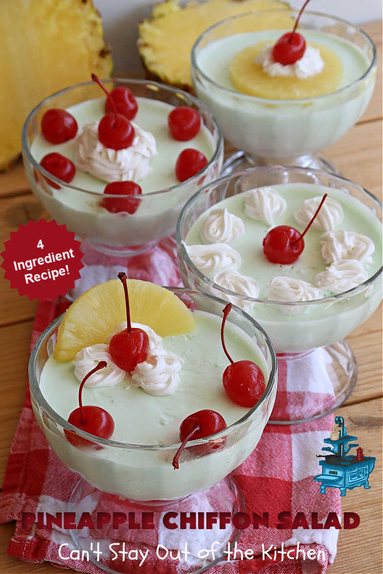 Pineapple Chiffon Salad | Can't Stay Out of the Kitchen | Enjoy a serving of this delicious vintage #recipe for #PineappleChiffonSalad. This #CongealedSalad uses ONLY 4 ingredients! It's so easy to whip up & perfect for summer #holidays, special occasions or any time you want #pineapple in your #salad. #Jello #CreamCheese #StPatricksDay