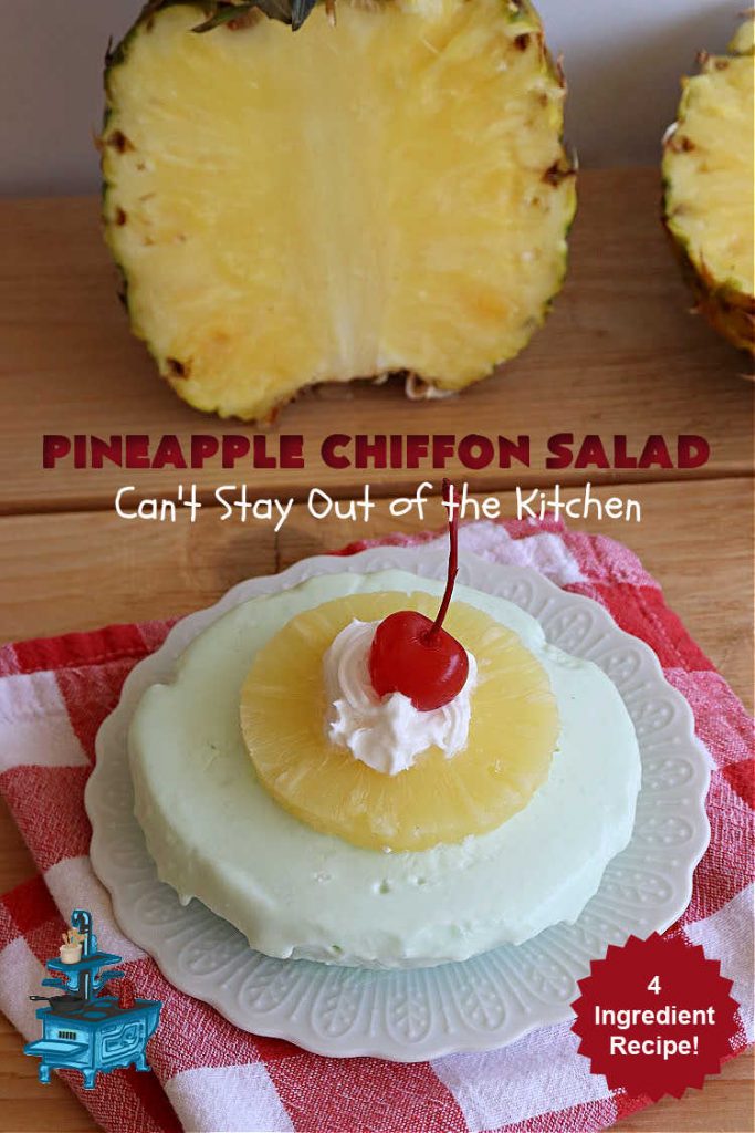 Pineapple Chiffon Salad | Can't Stay Out of the Kitchen | Enjoy a serving of this delicious vintage #recipe for #PineappleChiffonSalad. This #CongealedSalad uses ONLY 4 ingredients! It's so easy to whip up & perfect for summer #holidays, special occasions or any time you want #pineapple in your #salad. #Jello #CreamCheese #StPatricksDay