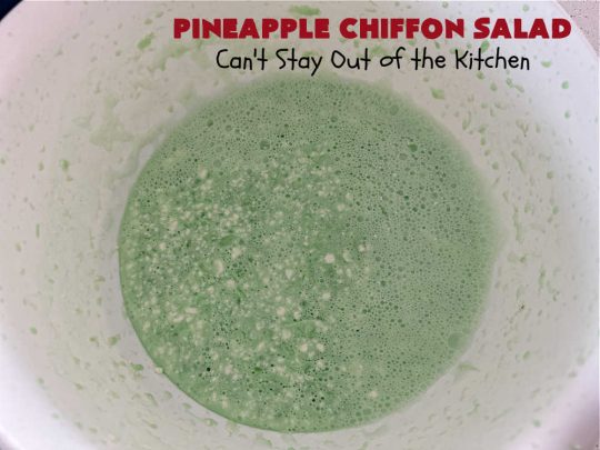 Pineapple Chiffon Salad | Can't Stay Out of the Kitchen | Enjoy a serving of this delicious vintage #recipe for #PineappleChiffonSalad. This #CongealedSalad uses ONLY 4 ingredients! It's so easy to whip up & perfect for summer #holidays, special occasions or any time you want #pineapple in your #salad. #Jello #CreamCheese #StPatricksDay