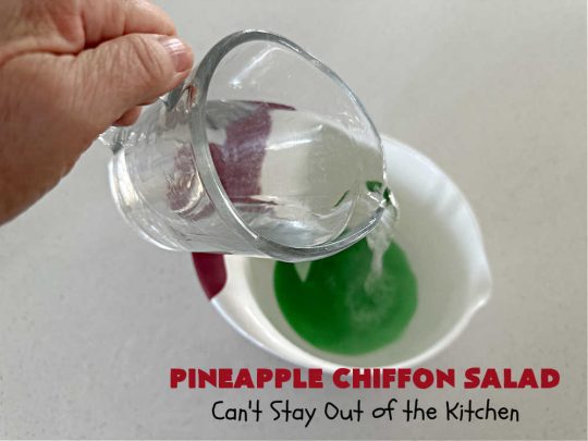 Pineapple Chiffon Salad | Can't Stay Out of the Kitchen | Enjoy a serving of this delicious vintage #recipe for #PineappleChiffonSalad. This #CongealedSalad uses ONLY 4 ingredients! It's so easy to whip up & perfect for summer #holidays, special occasions or any time you want #pineapple in your #salad. #Jello #CreamCheese #StPatricksDay