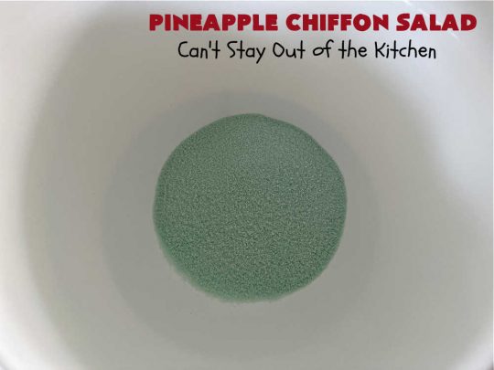 Pineapple Chiffon Salad | Can't Stay Out of the Kitchen | Enjoy a serving of this delicious vintage #recipe for #PineappleChiffonSalad. This #CongealedSalad uses ONLY 4 ingredients! It's so easy to whip up & perfect for summer #holidays, special occasions or any time you want #pineapple in your #salad. #Jello #CreamCheese #StPatricksDay