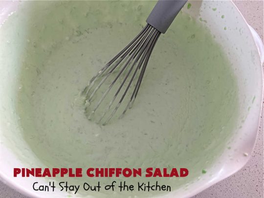Pineapple Chiffon Salad | Can't Stay Out of the Kitchen | Enjoy a serving of this delicious vintage #recipe for #PineappleChiffonSalad. This #CongealedSalad uses ONLY 4 ingredients! It's so easy to whip up & perfect for summer #holidays, special occasions or any time you want #pineapple in your #salad. #Jello #CreamCheese #StPatricksDay