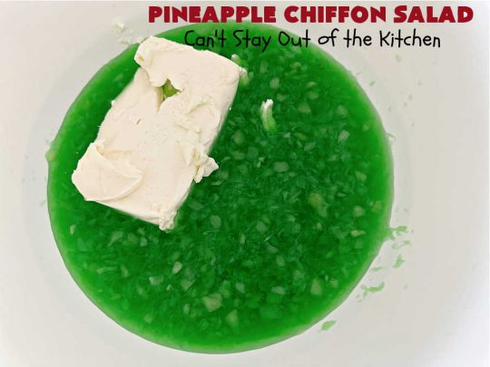 Pineapple Chiffon Salad | Can't Stay Out of the Kitchen | Enjoy a serving of this delicious vintage #recipe for #PineappleChiffonSalad. This #CongealedSalad uses ONLY 4 ingredients! It's so easy to whip up & perfect for summer #holidays, special occasions or any time you want #pineapple in your #salad. #Jello #CreamCheese #StPatricksDay