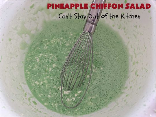 Pineapple Chiffon Salad | Can't Stay Out of the Kitchen | Enjoy a serving of this delicious vintage #recipe for #PineappleChiffonSalad. This #CongealedSalad uses ONLY 4 ingredients! It's so easy to whip up & perfect for summer #holidays, special occasions or any time you want #pineapple in your #salad. #Jello #CreamCheese #StPatricksDay