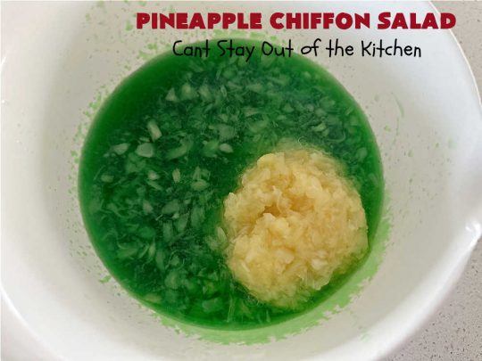 Pineapple Chiffon Salad | Can't Stay Out of the Kitchen | Enjoy a serving of this delicious vintage #recipe for #PineappleChiffonSalad. This #CongealedSalad uses ONLY 4 ingredients! It's so easy to whip up & perfect for summer #holidays, special occasions or any time you want #pineapple in your #salad. #Jello #CreamCheese #StPatricksDay