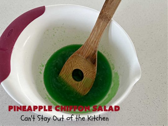 Pineapple Chiffon Salad | Can't Stay Out of the Kitchen | Enjoy a serving of this delicious vintage #recipe for #PineappleChiffonSalad. This #CongealedSalad uses ONLY 4 ingredients! It's so easy to whip up & perfect for summer #holidays, special occasions or any time you want #pineapple in your #salad. #Jello #CreamCheese #StPatricksDay