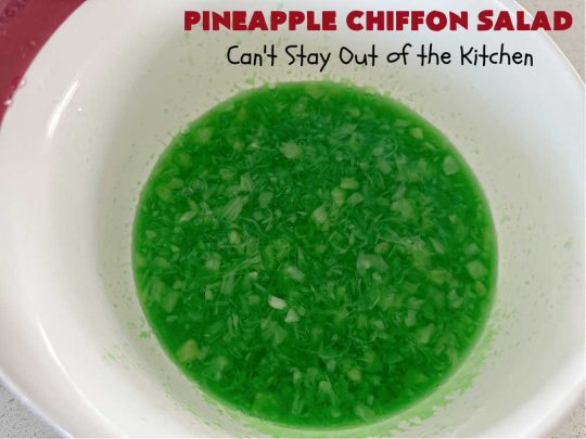 Pineapple Chiffon Salad | Can't Stay Out of the Kitchen | Enjoy a serving of this delicious vintage #recipe for #PineappleChiffonSalad. This #CongealedSalad uses ONLY 4 ingredients! It's so easy to whip up & perfect for summer #holidays, special occasions or any time you want #pineapple in your #salad. #Jello #CreamCheese #StPatricksDay