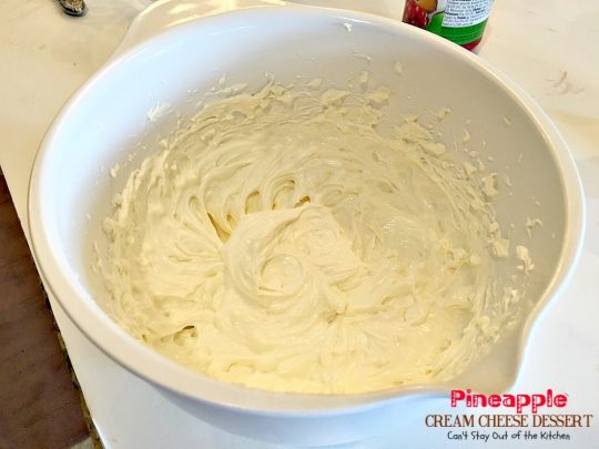 Pineapple Cream Cheese Dessert | Can't Stay Out of the Kitchen | fabulous #dessert made with a graham cracker crust, a #pineapple #creamcheese & gelatin layer, then it's topped with Cool Whip & pineapple slices. Great dessert for pineapple lovers.