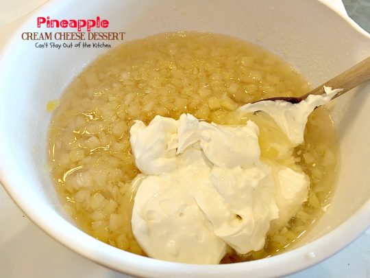 Pineapple Cream Cheese Dessert | Can't Stay Out of the Kitchen | fabulous #dessert made with a graham cracker crust, a #pineapple #creamcheese & gelatin layer, then it's topped with Cool Whip & pineapple slices. Great dessert for pineapple lovers.