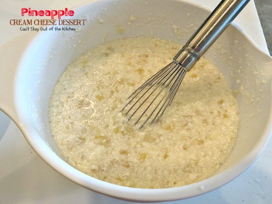 Pineapple Cream Cheese Dessert | Can't Stay Out of the Kitchen | fabulous #dessert made with a graham cracker crust, a #pineapple #creamcheese & gelatin layer, then it's topped with Cool Whip & pineapple slices. Great dessert for pineapple lovers.