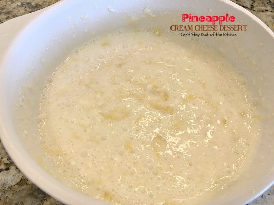 Pineapple Cream Cheese Dessert | Can't Stay Out of the Kitchen | fabulous #dessert made with a graham cracker crust, a #pineapple #creamcheese & gelatin layer, then it's topped with Cool Whip & pineapple slices. Great dessert for pineapple lovers.