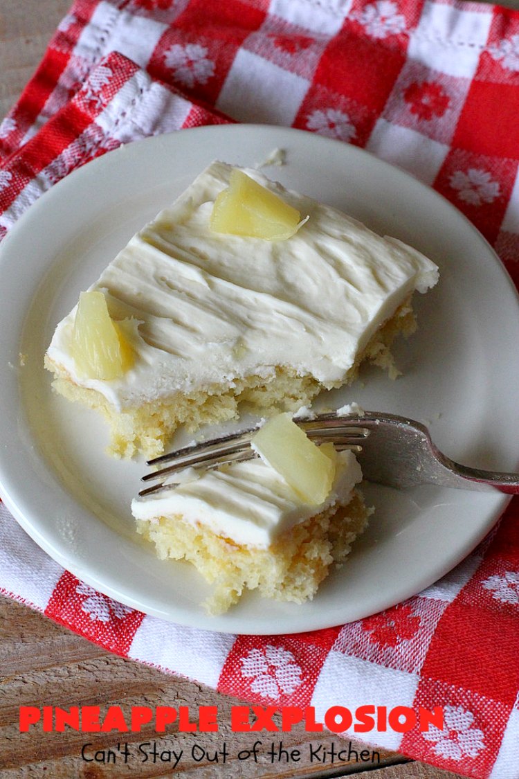 Pineapple Explosion | Can't Stay Out of the Kitchen | get quadruple the #pineapple whammy with #PineappleCakeMix & #PineapplePieFilling in the #cake & #PineappleExtract & #PineappleTidbits in the luscious #CreamCheese icing! Knock the socks off your company with this amazing #dessert! #Holiday #HolidayDessert #PineappleDessert #PineappleSheetCake #PineappleExplosion #PineappleExplosionCake