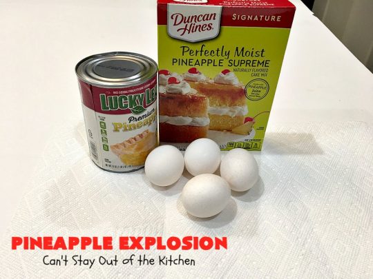 Pineapple Explosion | Can't Stay Out of the Kitchen | get quadruple the #pineapple whammy with #PineappleCakeMix & #PineapplePieFilling in the #cake & #PineappleExtract & #PineappleTidbits in the luscious #CreamCheese icing! Knock the socks off your company with this amazing #dessert! #Holiday #HolidayDessert #PineappleDessert #PineappleSheetCake #PineappleExplosion #PineappleExplosionCake