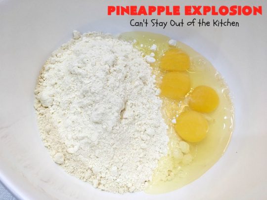 Pineapple Explosion | Can't Stay Out of the Kitchen | get quadruple the #pineapple whammy with #PineappleCakeMix & #PineapplePieFilling in the #cake & #PineappleExtract & #PineappleTidbits in the luscious #CreamCheese icing! Knock the socks off your company with this amazing #dessert! #Holiday #HolidayDessert #PineappleDessert #PineappleSheetCake #PineappleExplosion #PineappleExplosionCake