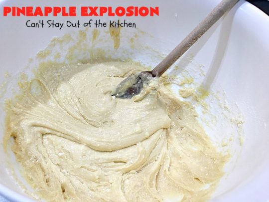 Pineapple Explosion | Can't Stay Out of the Kitchen | get quadruple the #pineapple whammy with #PineappleCakeMix & #PineapplePieFilling in the #cake & #PineappleExtract & #PineappleTidbits in the luscious #CreamCheese icing! Knock the socks off your company with this amazing #dessert! #Holiday #HolidayDessert #PineappleDessert #PineappleSheetCake #PineappleExplosion #PineappleExplosionCake