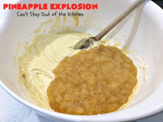 Pineapple Explosion | Can't Stay Out of the Kitchen | get quadruple the #pineapple whammy with #PineappleCakeMix & #PineapplePieFilling in the #cake & #PineappleExtract & #PineappleTidbits in the luscious #CreamCheese icing! Knock the socks off your company with this amazing #dessert! #Holiday #HolidayDessert #PineappleDessert #PineappleSheetCake #PineappleExplosion #PineappleExplosionCake