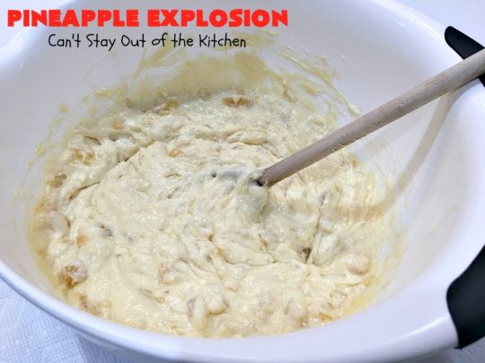 Pineapple Explosion | Can't Stay Out of the Kitchen | get quadruple the #pineapple whammy with #PineappleCakeMix & #PineapplePieFilling in the #cake & #PineappleExtract & #PineappleTidbits in the luscious #CreamCheese icing! Knock the socks off your company with this amazing #dessert! #Holiday #HolidayDessert #PineappleDessert #PineappleSheetCake #PineappleExplosion #PineappleExplosionCake