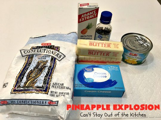 Pineapple Explosion | Can't Stay Out of the Kitchen | get quadruple the #pineapple whammy with #PineappleCakeMix & #PineapplePieFilling in the #cake & #PineappleExtract & #PineappleTidbits in the luscious #CreamCheese icing! Knock the socks off your company with this amazing #dessert! #Holiday #HolidayDessert #PineappleDessert #PineappleSheetCake #PineappleExplosion #PineappleExplosionCake