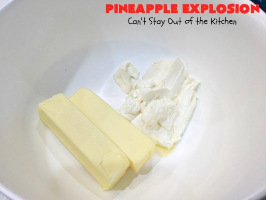 Pineapple Explosion | Can't Stay Out of the Kitchen | get quadruple the #pineapple whammy with #PineappleCakeMix & #PineapplePieFilling in the #cake & #PineappleExtract & #PineappleTidbits in the luscious #CreamCheese icing! Knock the socks off your company with this amazing #dessert! #Holiday #HolidayDessert #PineappleDessert #PineappleSheetCake #PineappleExplosion #PineappleExplosionCake