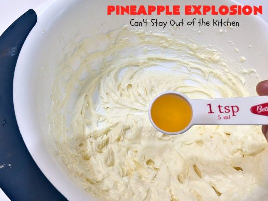 Pineapple Explosion | Can't Stay Out of the Kitchen | get quadruple the #pineapple whammy with #PineappleCakeMix & #PineapplePieFilling in the #cake & #PineappleExtract & #PineappleTidbits in the luscious #CreamCheese icing! Knock the socks off your company with this amazing #dessert! #Holiday #HolidayDessert #PineappleDessert #PineappleSheetCake #PineappleExplosion #PineappleExplosionCake