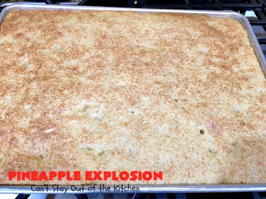 Pineapple Explosion | Can't Stay Out of the Kitchen | get quadruple the #pineapple whammy with #PineappleCakeMix & #PineapplePieFilling in the #cake & #PineappleExtract & #PineappleTidbits in the luscious #CreamCheese icing! Knock the socks off your company with this amazing #dessert! #Holiday #HolidayDessert #PineappleDessert #PineappleSheetCake #PineappleExplosion #PineappleExplosionCake