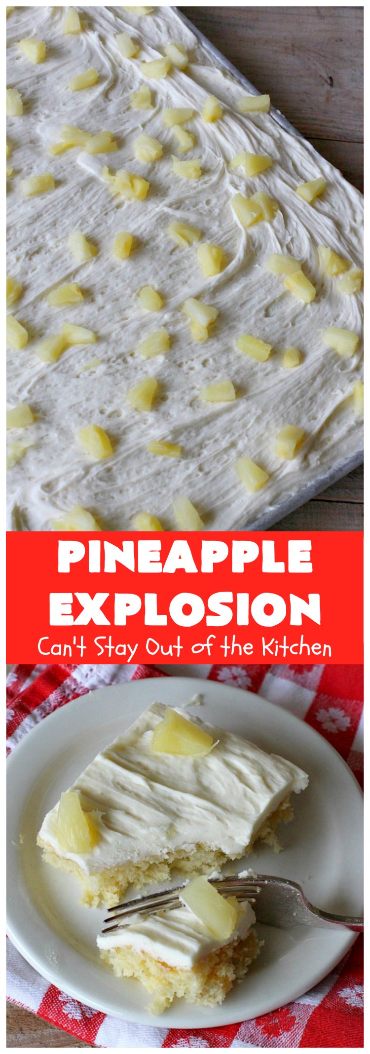 Pineapple Explosion | Can't Stay Out of the Kitchen | get quadruple the #pineapple whammy with #PineappleCakeMix & #PineapplePieFilling in the #cake & #PineappleExtract & #PineappleTidbits in the luscious #CreamCheese icing! Knock the socks off your company with this amazing #dessert! #Holiday #HolidayDessert #PineappleDessert #PineappleSheetCake #PineappleExplosion #PineappleExplosionCake