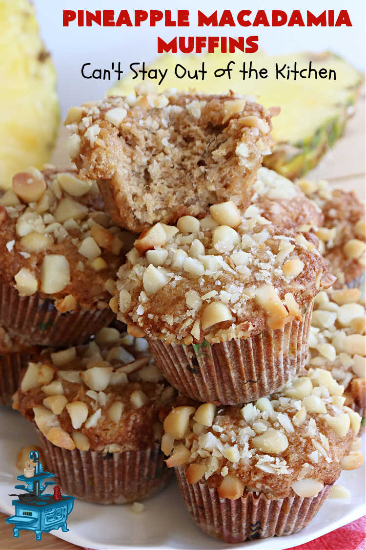 Pineapple Macadamia Muffins | Can't Stay Out of the Kitchen | these scrumptious #muffins will knock our socks off! They include crushed #pineapple, #bananas, #coconut #cinnamon & #MacadamiaNuts for the topping. They're easy to whip up, & great to make for a weekend, company or #holiday #breakfast. They freeze well if you need to make them in advance. #PineappleMacadamiaMuffins