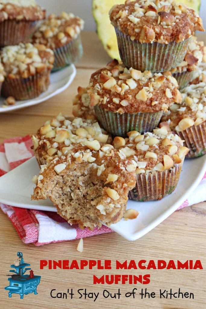 Pineapple Macadamia Muffins | Can't Stay Out of the Kitchen | these scrumptious #muffins will knock our socks off! They include crushed #pineapple, #bananas, #coconut #cinnamon & #MacadamiaNuts for the topping. They're easy to whip up, & great to make for a weekend, company or #holiday #breakfast. They freeze well if you need to make them in advance. #PineappleMacadamiaMuffins