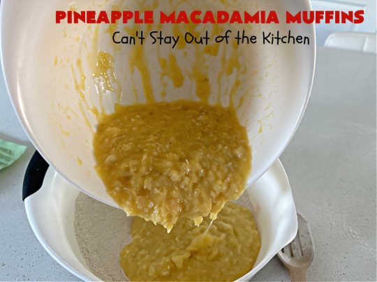 Pineapple Macadamia Muffins | Can't Stay Out of the Kitchen | these scrumptious #muffins will knock our socks off! They include crushed #pineapple, #bananas, #coconut #cinnamon & #MacadamiaNuts for the topping. They're easy to whip up, & great to make for a weekend, company or #holiday #breakfast. They freeze well if you need to make them in advance. #PineappleMacadamiaMuffins