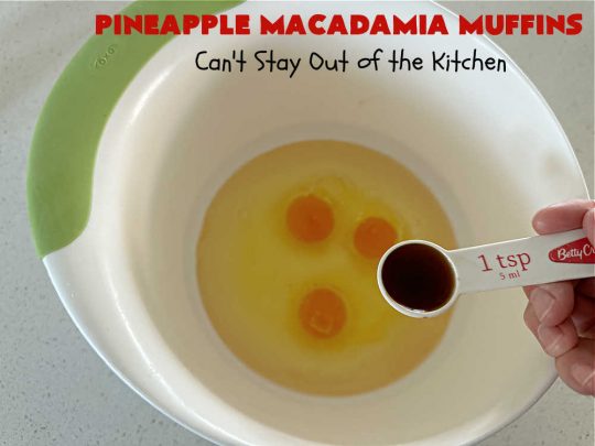 Pineapple Macadamia Muffins | Can't Stay Out of the Kitchen | these scrumptious #muffins will knock our socks off! They include crushed #pineapple, #bananas, #coconut #cinnamon & #MacadamiaNuts for the topping. They're easy to whip up, & great to make for a weekend, company or #holiday #breakfast. They freeze well if you need to make them in advance. #PineappleMacadamiaMuffins