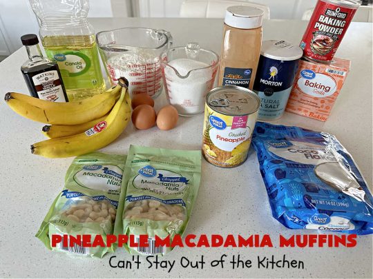 Pineapple Macadamia Muffins | Can't Stay Out of the Kitchen | these scrumptious #muffins will knock our socks off! They include crushed #pineapple, #bananas, #coconut #cinnamon & #MacadamiaNuts for the topping. They're easy to whip up, & great to make for a weekend, company or #holiday #breakfast. They freeze well if you need to make them in advance. #PineappleMacadamiaMuffins