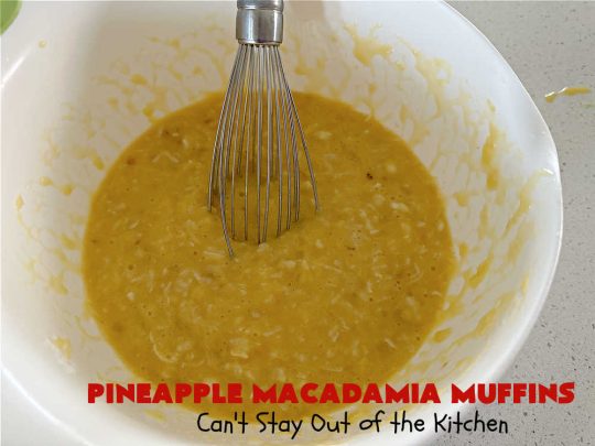 Pineapple Macadamia Muffins | Can't Stay Out of the Kitchen | these scrumptious #muffins will knock our socks off! They include crushed #pineapple, #bananas, #coconut #cinnamon & #MacadamiaNuts for the topping. They're easy to whip up, & great to make for a weekend, company or #holiday #breakfast. They freeze well if you need to make them in advance. #PineappleMacadamiaMuffins