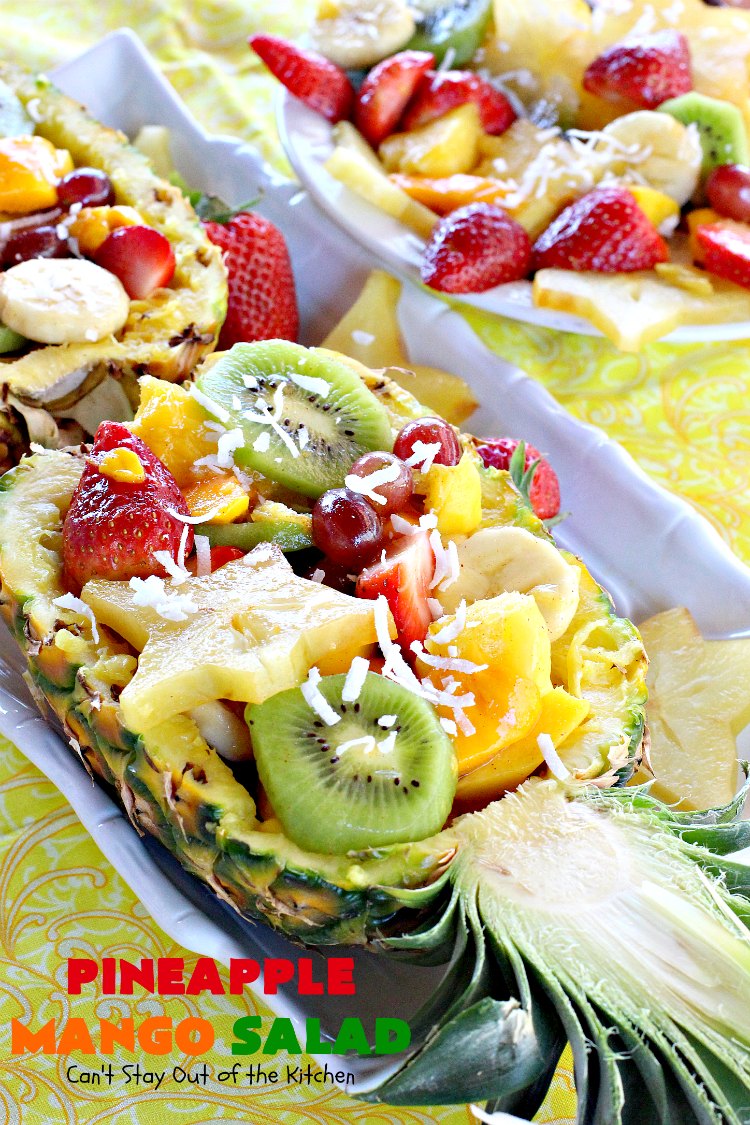 Pineapple Mango Salad | Can't Stay Out of the Kitchen | this is the perfect #salad for summer #holidays like the #FourthofJuly. The tropical flavors are heavenly. #pineapple #kiwi #strawberries #glutenfree #vegan