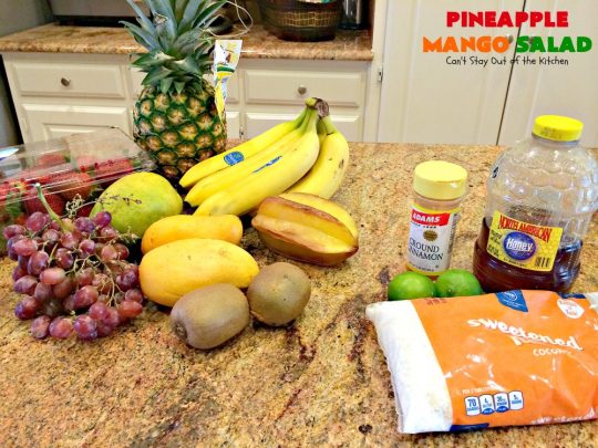 Pineapple Mango Salad | Can't Stay Out of the Kitchen | this is the perfect #salad for summer #holidays like the #FourthofJuly. The tropical flavors are heavenly. #pineapple #kiwi #strawberries #glutenfree #vegan