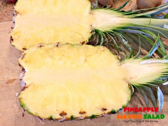 Pineapple Mango Salad | Can't Stay Out of the Kitchen | this is the perfect #salad for summer #holidays like the #FourthofJuly. The tropical flavors are heavenly. #pineapple #kiwi #strawberries #glutenfree #vegan
