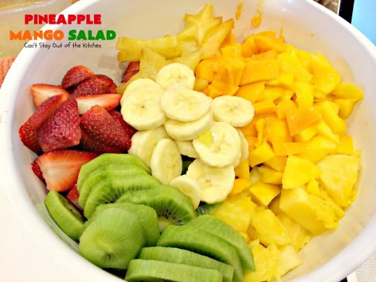 Pineapple Mango Salad | Can't Stay Out of the Kitchen | this is the perfect #salad for summer #holidays like the #FourthofJuly. The tropical flavors are heavenly. #pineapple #kiwi #strawberries #glutenfree #vegan