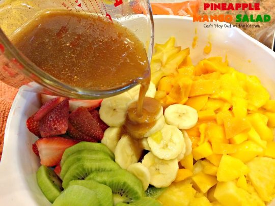 Pineapple Mango Salad | Can't Stay Out of the Kitchen | this is the perfect #salad for summer #holidays like the #FourthofJuly. The tropical flavors are heavenly. #pineapple #kiwi #strawberries #glutenfree #vegan