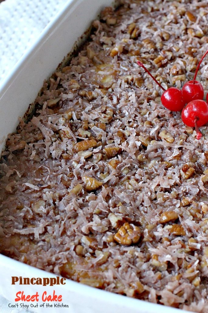 Pineapple Sheet Cake | Can't Stay Out of the Kitchen | delicious one-bowl #cake that's quick & easy & a family favorite. This one has a boiled #coconut & #pecan icing. #dessert #pineapple