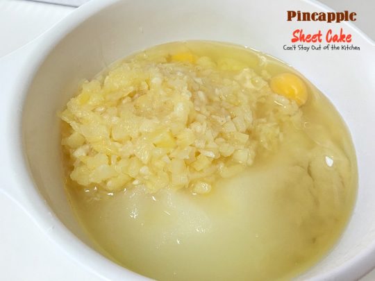 Pineapple Sheet Cake | Can't Stay Out of the Kitchen | delicious one-bowl #cake that's quick & easy & a family favorite. This one has a boiled #coconut & #pecan icing. #dessert #pineapple