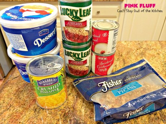 Pink Fluff | Can't Stay Out of the Kitchen | the most divine #fruit #salad ever! It's almost like eating #dessert. This is also incredibly easy to make since it uses only 5 ingredients. #pineapple #cherrypiefilling #glutenfree