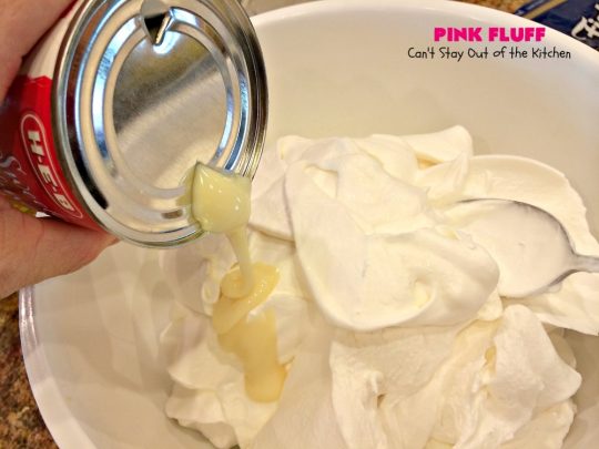 Pink Fluff | Can't Stay Out of the Kitchen | the most divine #fruit #salad ever! It's almost like eating #dessert. This is also incredibly easy to make since it uses only 5 ingredients. #pineapple #cherrypiefilling #glutenfree